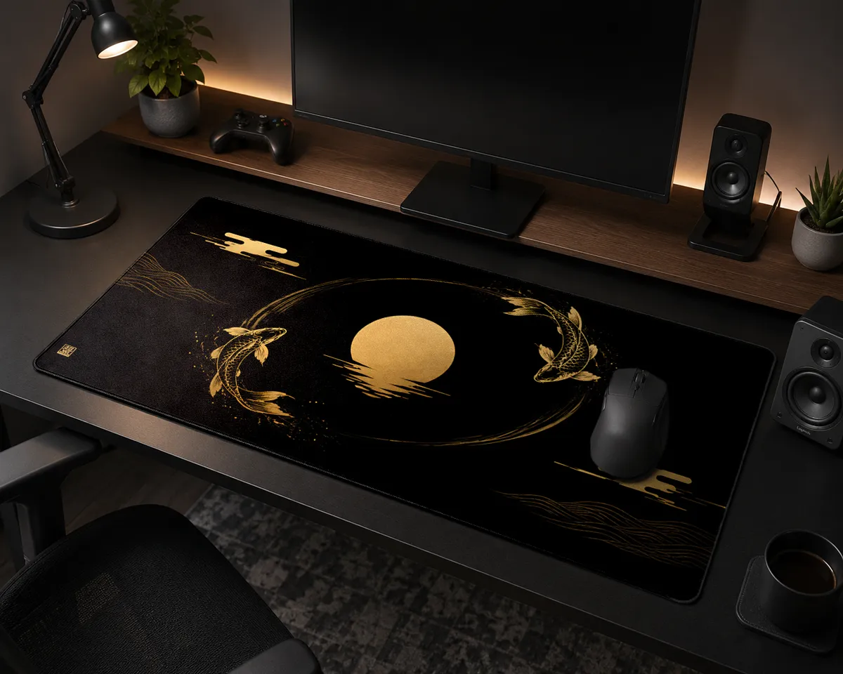 japanese desk mat black fish sun cloud japan art