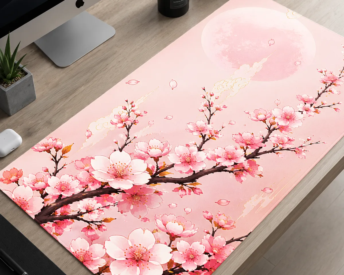 Moonlit pink cherry blossom desk mat